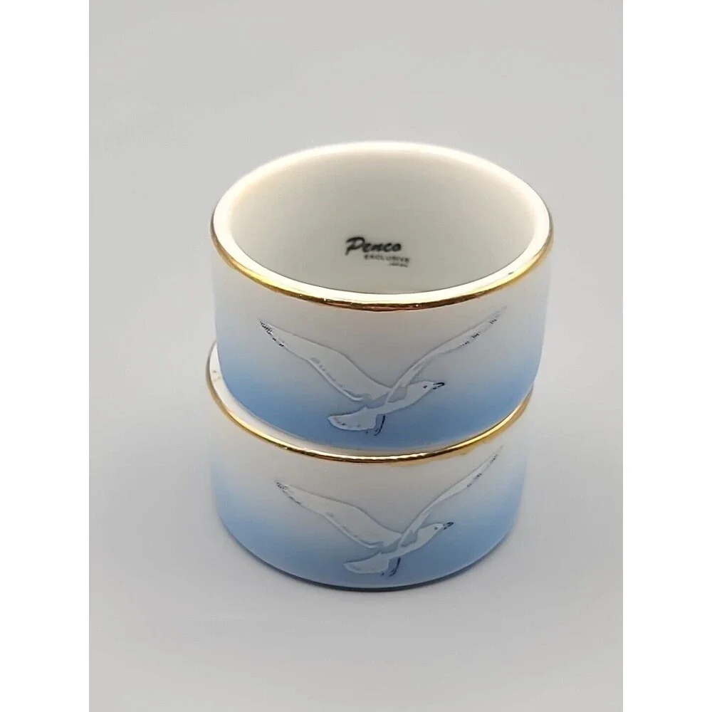 Vintage Penco Exclusive Seagull Porcelain Napkin Holder Blue Ombre Gold Rim Set